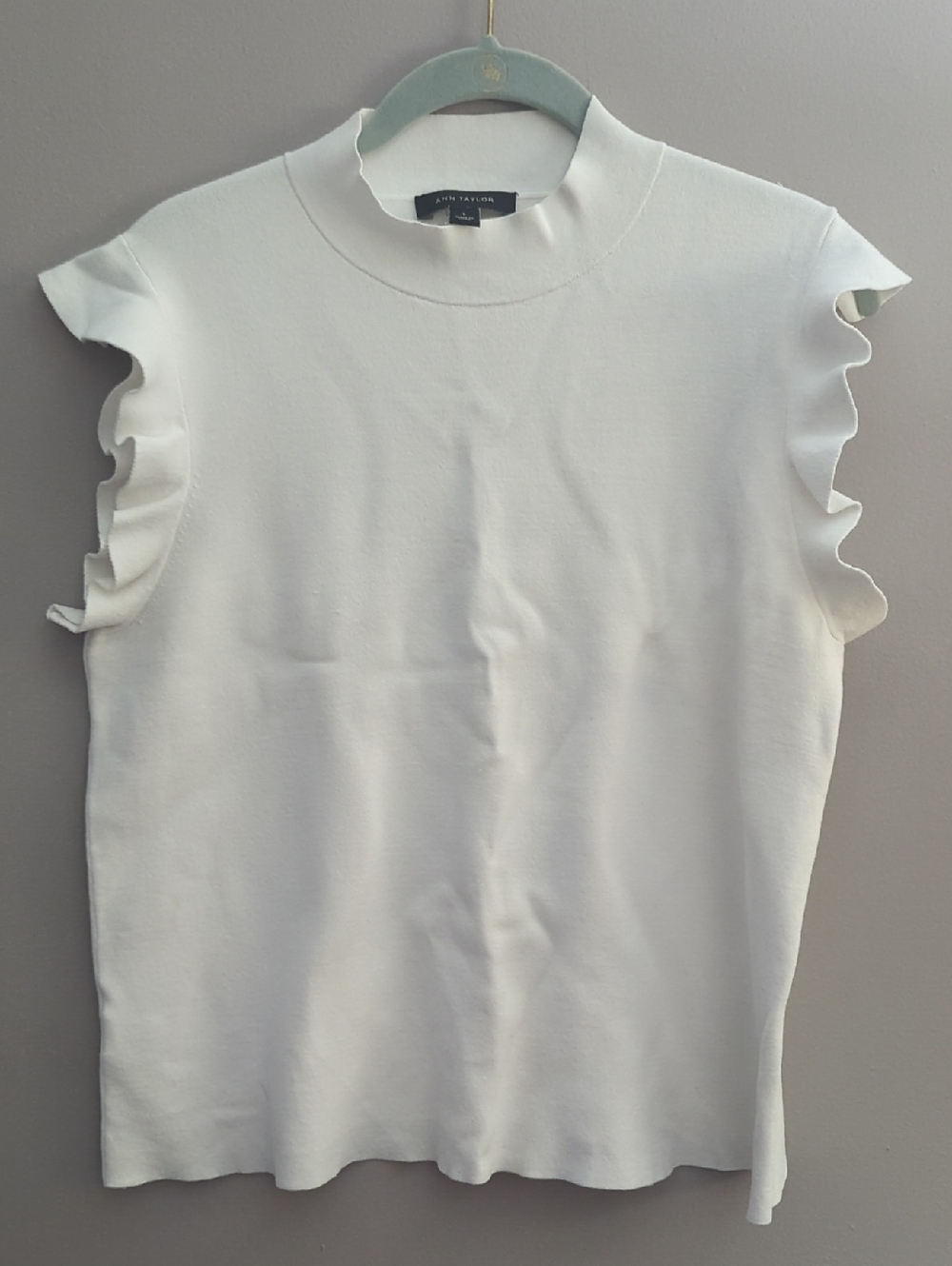 Ann Taylor White Mock Neck Ruffle Sleeve Top